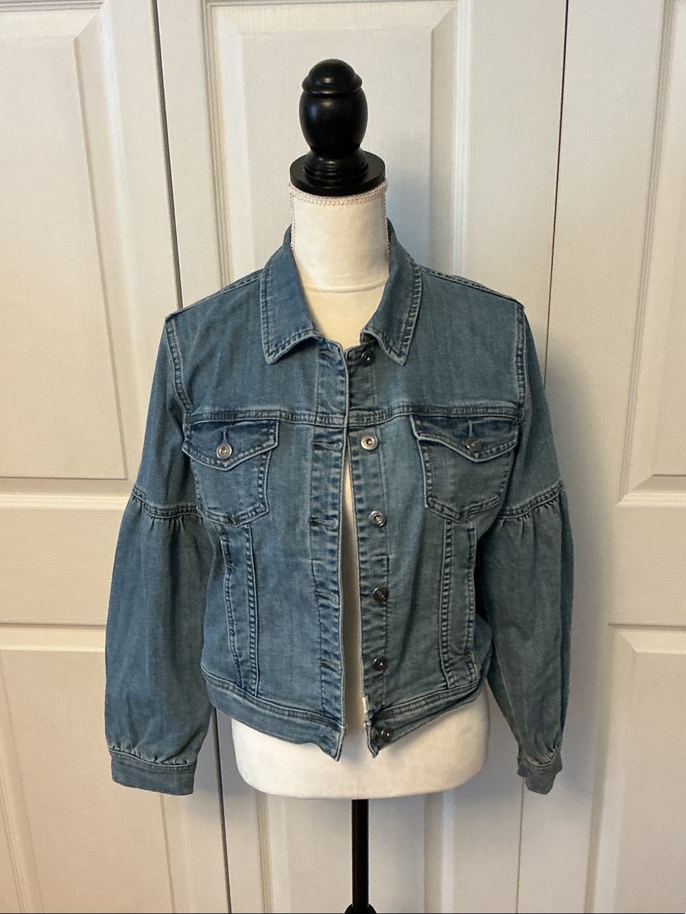 Melrose and Market Light Blue Denim Jacket with Puff Sleeves